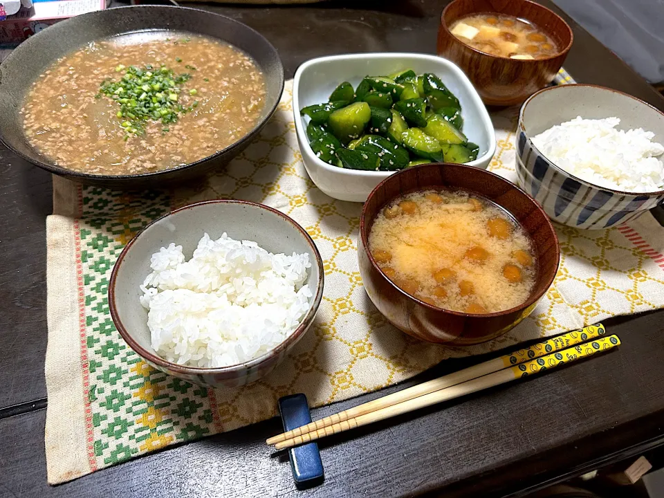 晩ごはん★冬瓜とひき肉のあんかけ煮、塩ダレきゅうり、みそ汁|ハルさん