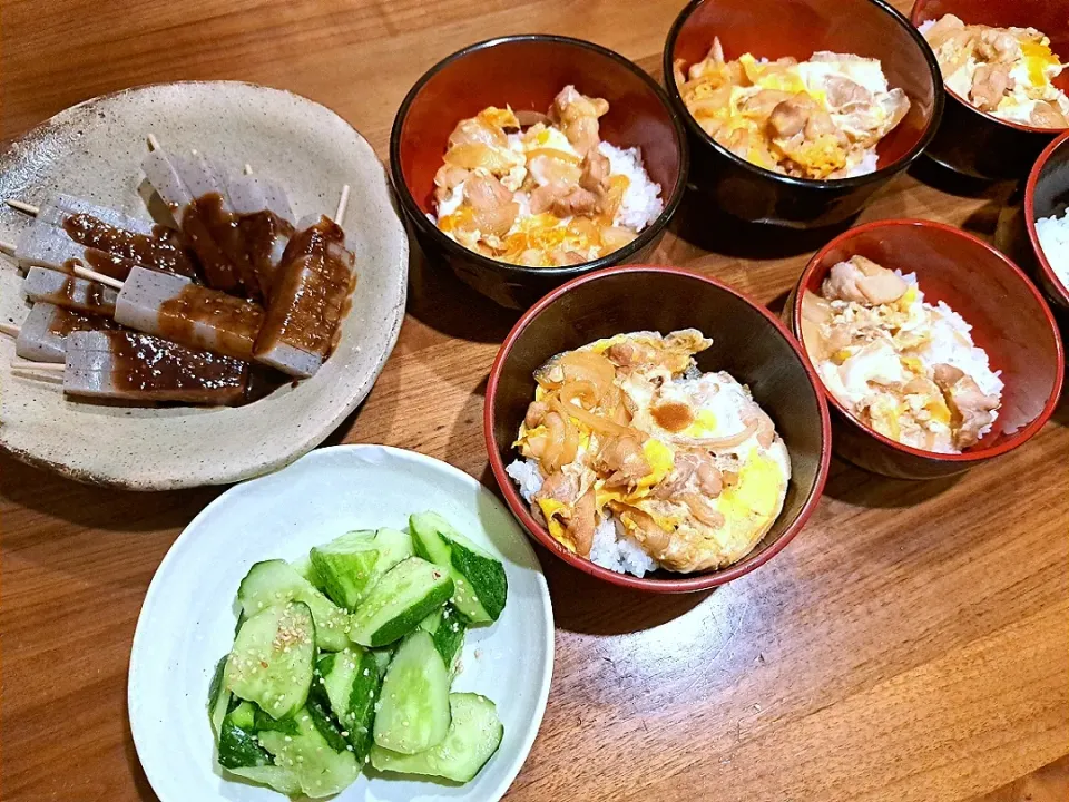 親子丼　こんにゃく味噌田楽　きゅうり漬け|m aさん