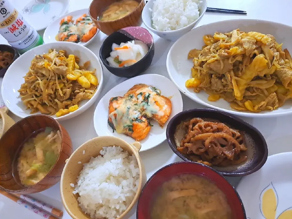 Snapdishの料理写真:夕食(*^^*)
豚肉と野菜のスパイスカレー炒め(エリンギ、もやし、ポテト)
サーモンシソチーズバターソテー
レンコンきんぴら
カブの漬物
お味噌汁(キャベツ、油揚げ)|プリン☆さん