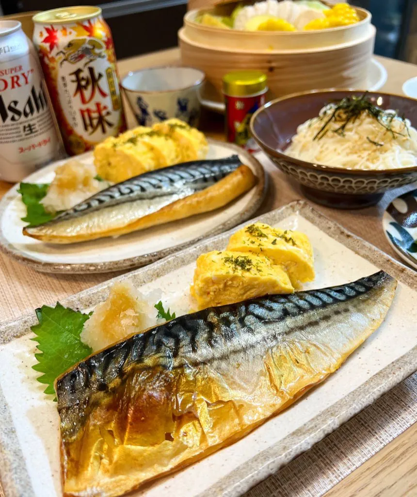 鯖の塩焼きと野菜蒸しせいろとそうめん|ラゴさん。さん