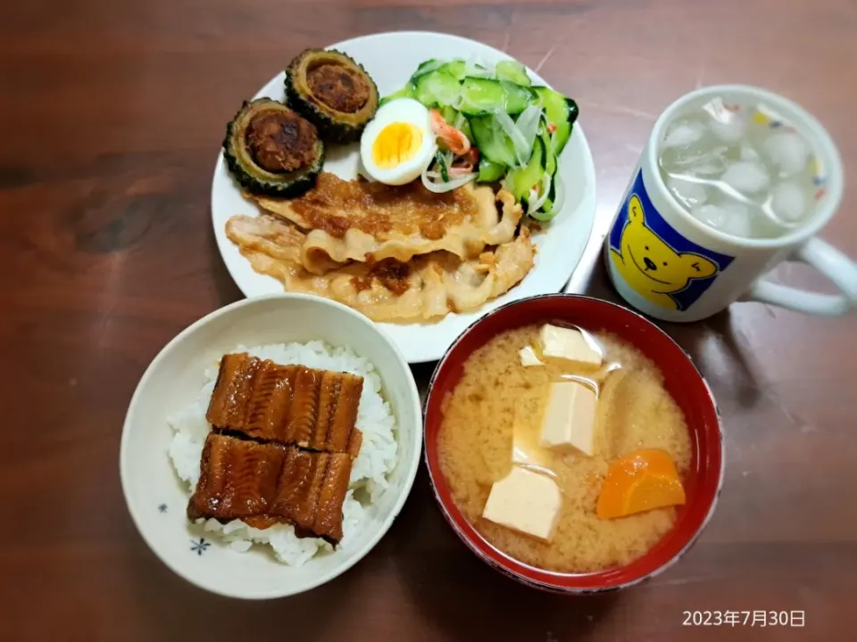 2023年7月30日の晩ご飯
うなぎご飯
豚肉のおろしポン酢煮
ゴーヤの肉詰め
カニかまときゅうりのにんにくナムル
豆腐と大根のお味噌汁
焼酎水割り|ソラ♂のご飯さん