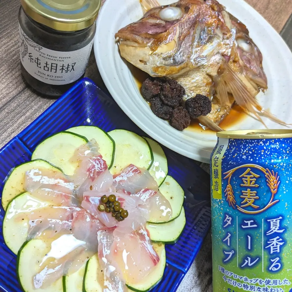 鯛とズッキーニのカルパッチョ
ヤマモモ酒で鯛のあら煮|ひとみんΨ(*´∀｀)Ψさん