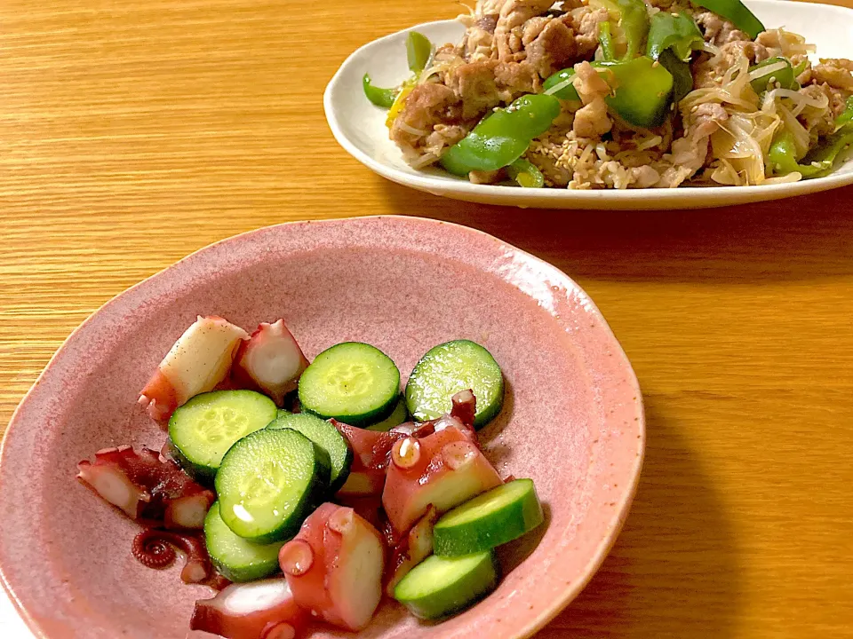 Snapdishの料理写真:肉野菜炒めとタコと胡瓜のマリネ🐙🥒|花🍀さん