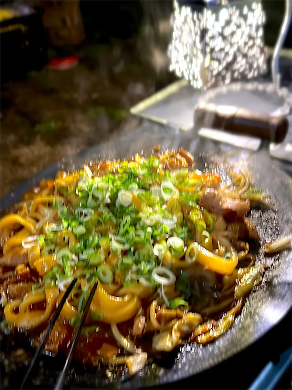 Snapdishの料理写真:キャンプ飯　ホルモン焼きうどん|Nobuko  Kawanishiさん