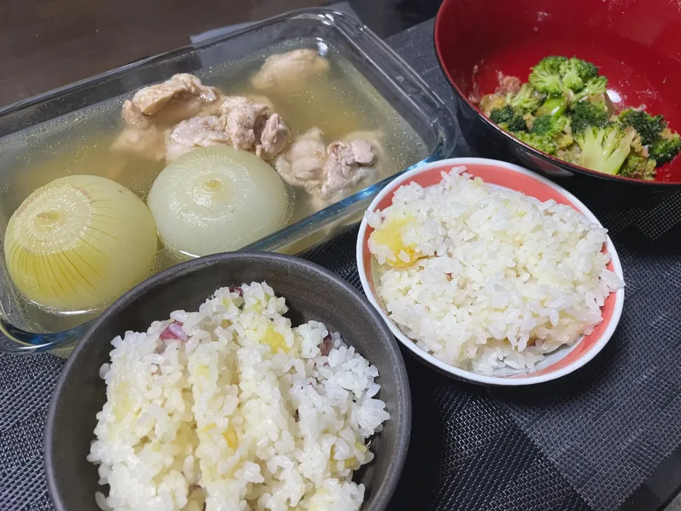 [丸ごと玉ねぎの塩煮]と[ブロッコリーのおかか和え]と[さつまいもご飯]|陽 香さん