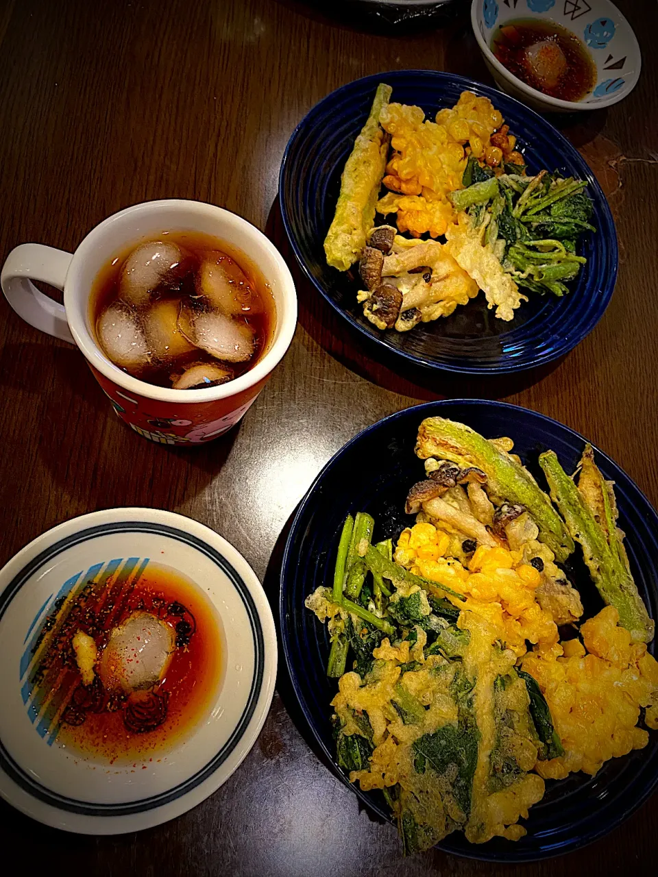 夏野菜天ぷら　コーン　しめじ　オクラ　えん菜　アイスティー|ch＊K*∀o(^^*)♪さん