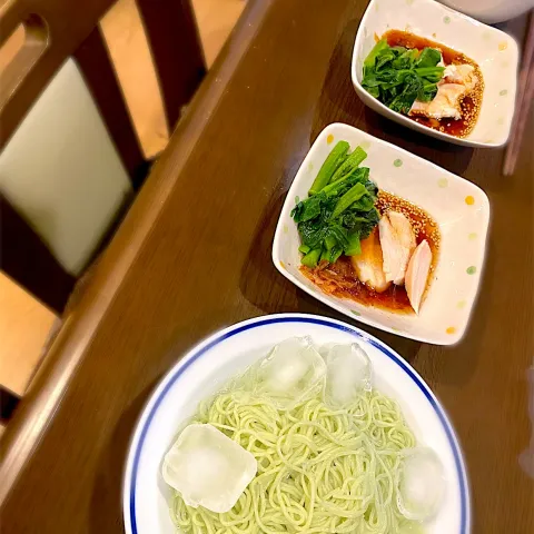 「つるむらさき」を使ってみたSnapdishの料理・レシピ写真:オリーブ素麺　蒸し鶏