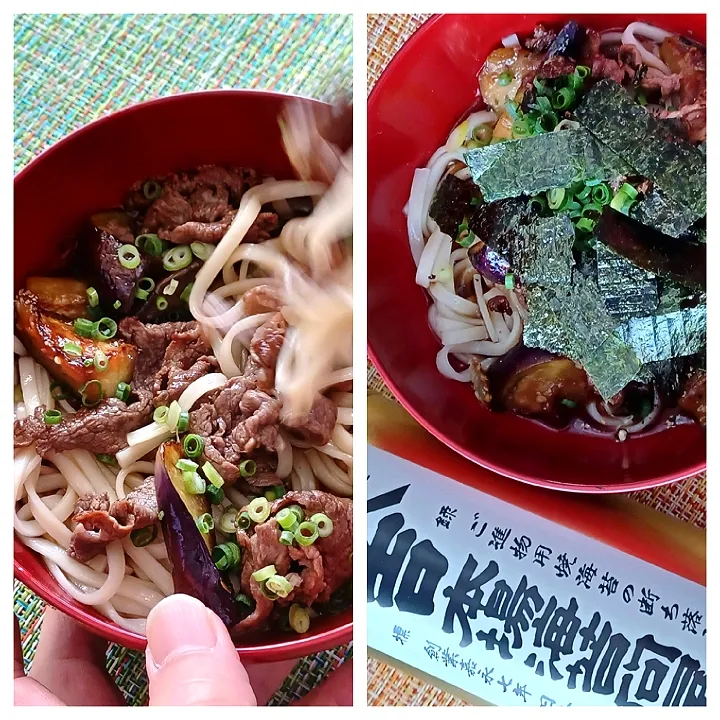 冷やし細饂飩、茄子と牛肉の甘辛炒め|ぱいんてーるさん