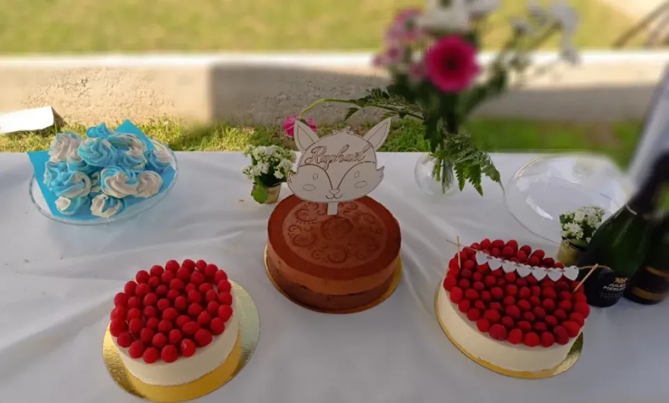 Snapdishの料理写真:Gâteaux de baptême entremet tiramisu framboise, entremet 100% chocolat 70% et meringue.|Sebastien Hachardさん