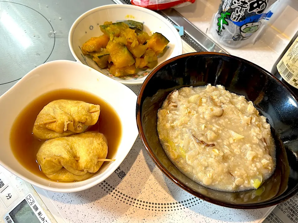 おろし蓮根と鶏肉の巾着煮、おろし蓮根とオートミールの生姜風味中華スープ、かぼちゃの煮物|2trois_eさん