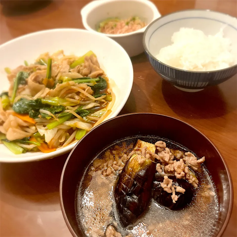 Snapdishの料理写真:豚肉の黒酢炒め/茄子のそぼろあんかけ/ゴーヤの胡麻和え|もえたすさん