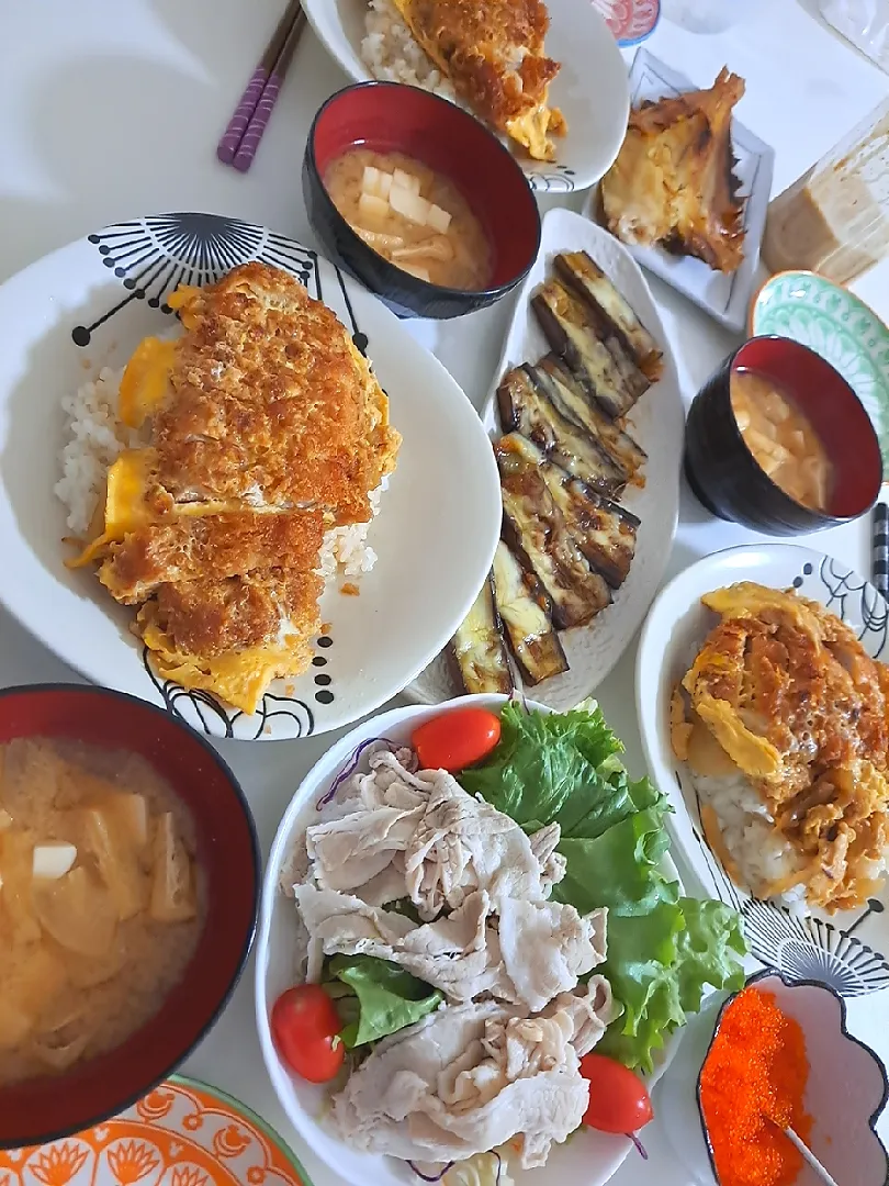 夕食(*ˊ˘ˋ*)
カツ丼
ナスの甘辛チーズ焼き
焼き魚(カレイ)
とびっこ
豚しゃぶサラダ🥗
おみそ汁(大根、豆腐、油揚げ)|プリン☆さん