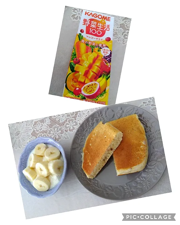 粒あん🥞の朝ご飯😄
(🍌ヨーグルト、野菜生活100🥭の!)|m.rafuさん