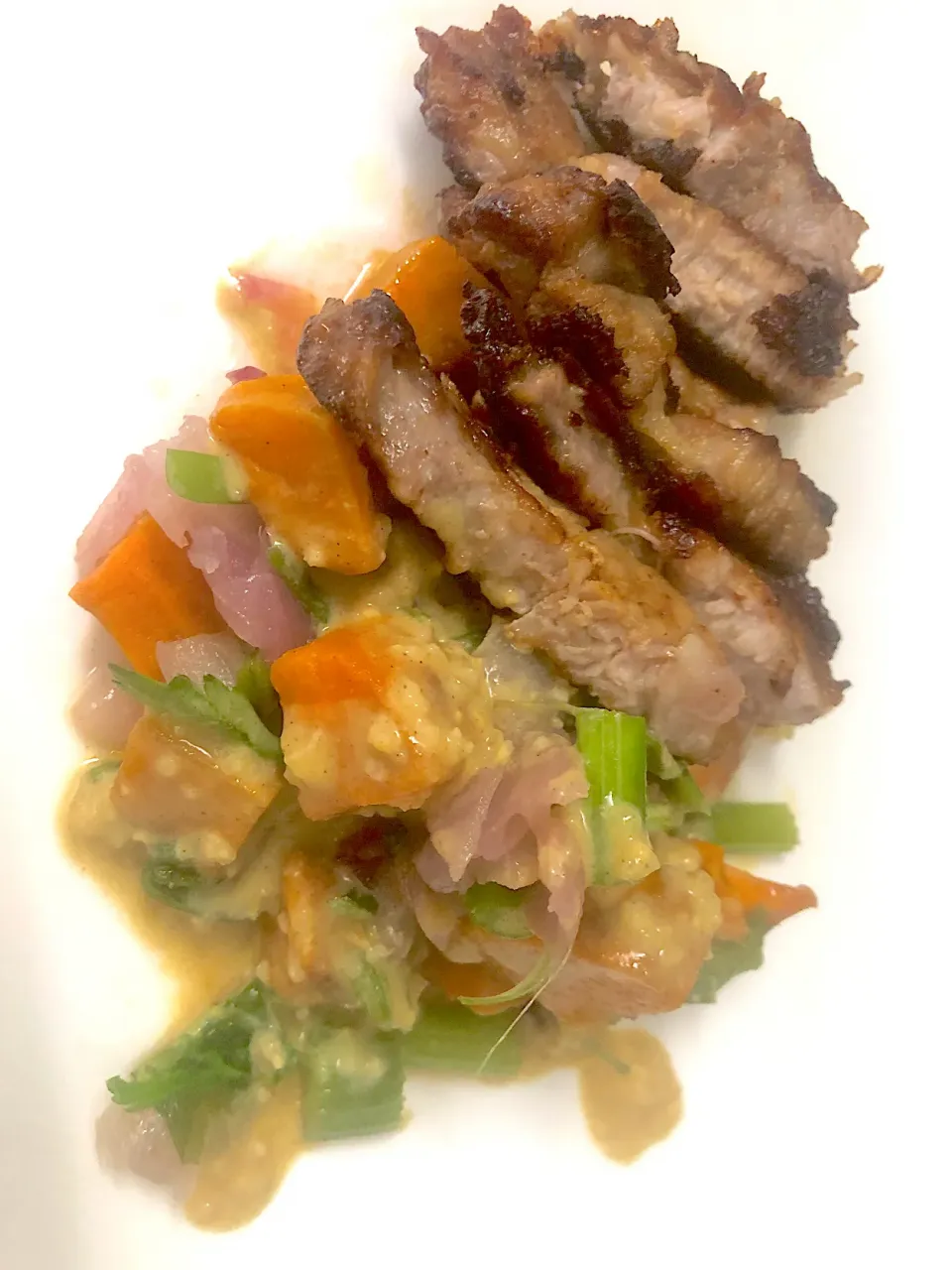 Snapdishの料理写真:The Menu's dish Sirloin Skirt Steak with Sweet Potato Salad|Good Foodさん