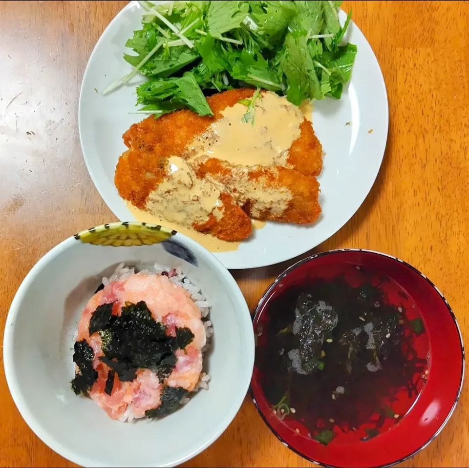 2023 0828　あじフライの和風マスタードソース　水菜サラダ　ミニ海鮮丼　もずくスープ|いもこ。さん