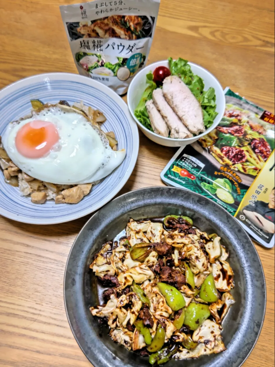 Snapdishの料理写真:『ダイズラボ四川式回鍋肉　塩糀パウダーガパオライス　マルコメ様々　晩ごはん』|seri-chanさん