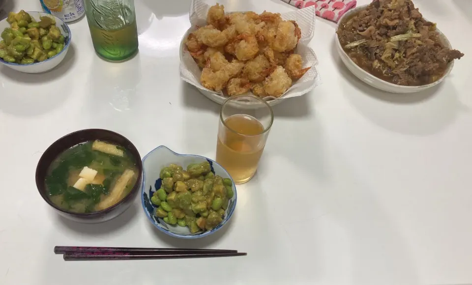 晩御飯☆エビフライ☆豚プルコギ☆枝豆とアボガドのわさび醤油☆みそ汁（豆腐・揚げ・ほうれん草）|Saharaさん