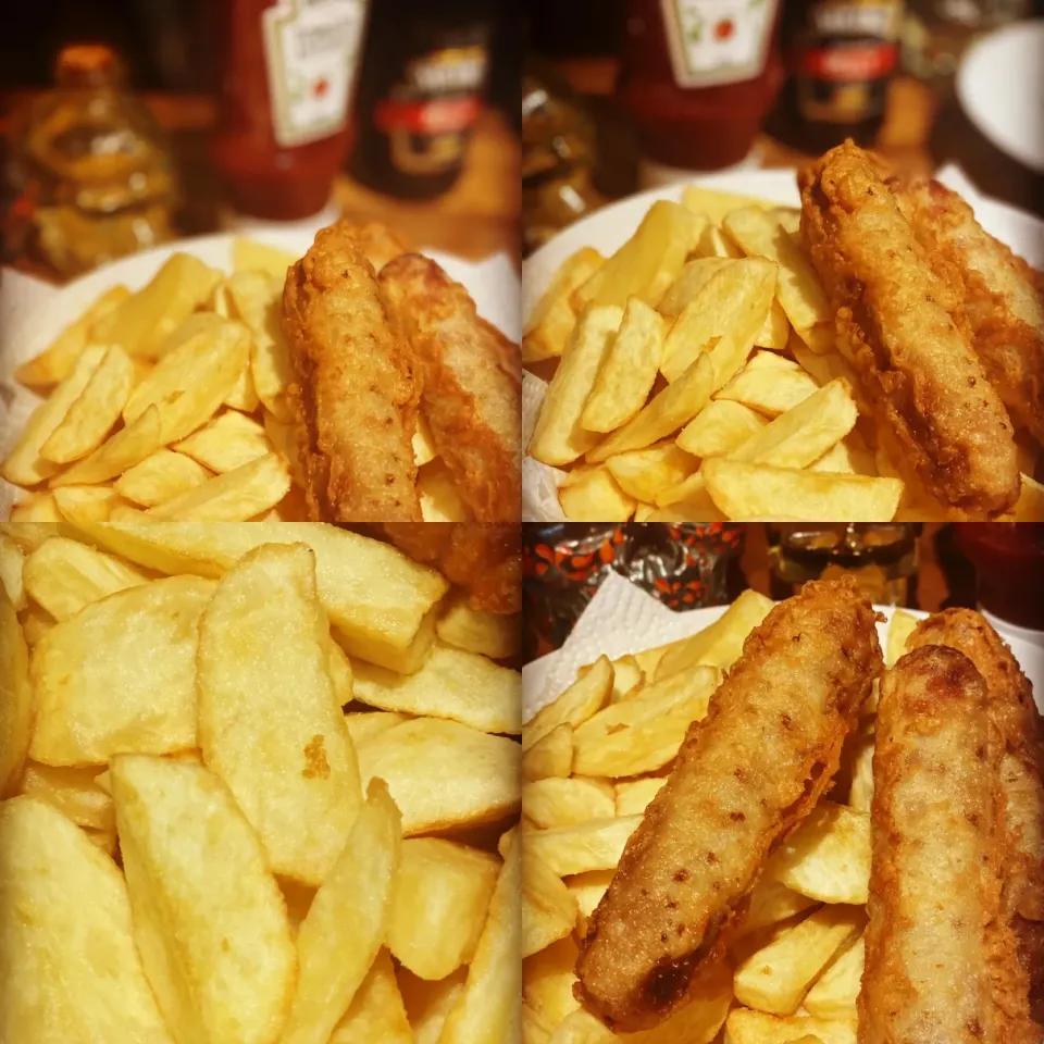 Dinner ! Dinner ! 
Thinking of Home Today lol 😂 🏴󠁧󠁢󠁥󠁮󠁧󠁿 
Fresh Cut Chips  with Sausage in Batter with a Crunchy Celery &!Cucumber , Cabbage Salad 
#chip|Emanuel Hayashiさん