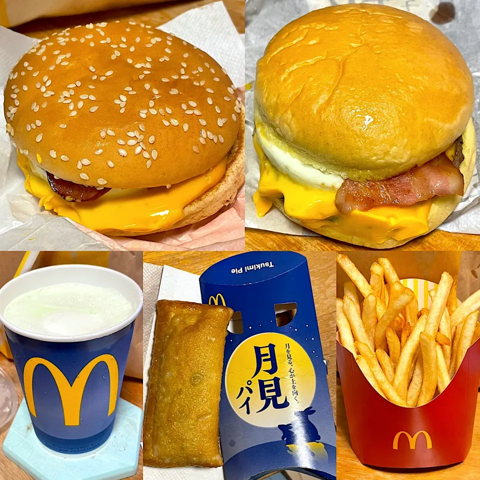 チーズ月見🧀🌕🍔　牛すき月見🎑🍔　月見マックシェイク🥤シャインマスカット🍇　あんことおもちの月見パイ🥧　ポテト🍟|るみおんさん