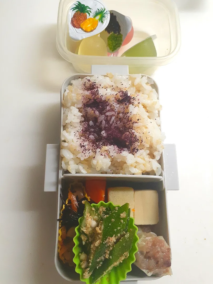 Snapdishの料理写真:☆中学生弁当☆玄米入りゆかりごはん、高野豆腐、ひじき煮物、オクラ胡麻和え、焼売、ミニゼリー|ｼｮｺﾗさん