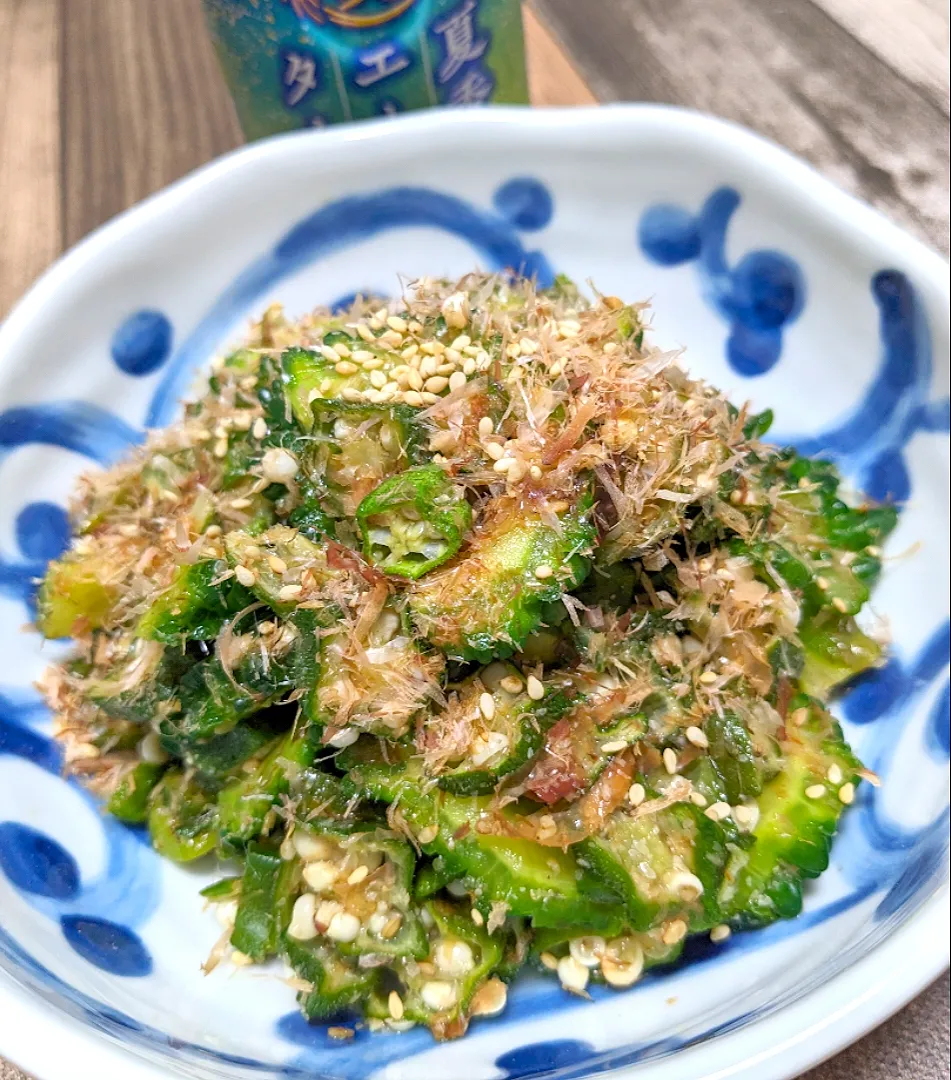 からあげビールさんの料理 【おうち居酒屋ごはん】ゴーヤとオクラのネバネバ胡麻おかか和え|ひとみんΨ(*´∀｀)Ψさん