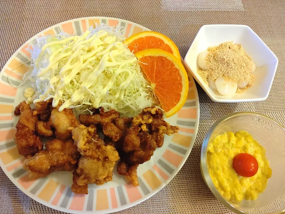 ☆鶏唐揚げ
☆カボチャとコーンのサラダ
☆きな粉団子|chikakoさん