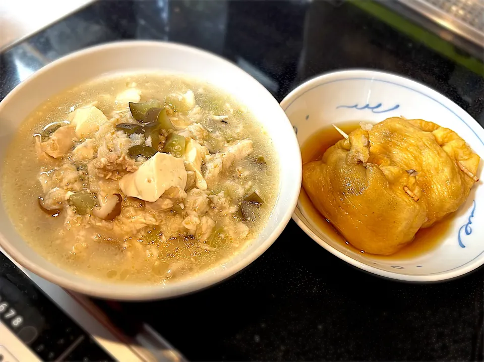 胸肉と豆腐のオートミールおじや＆おろし蓮根と胸肉の巾着煮|2trois_eさん