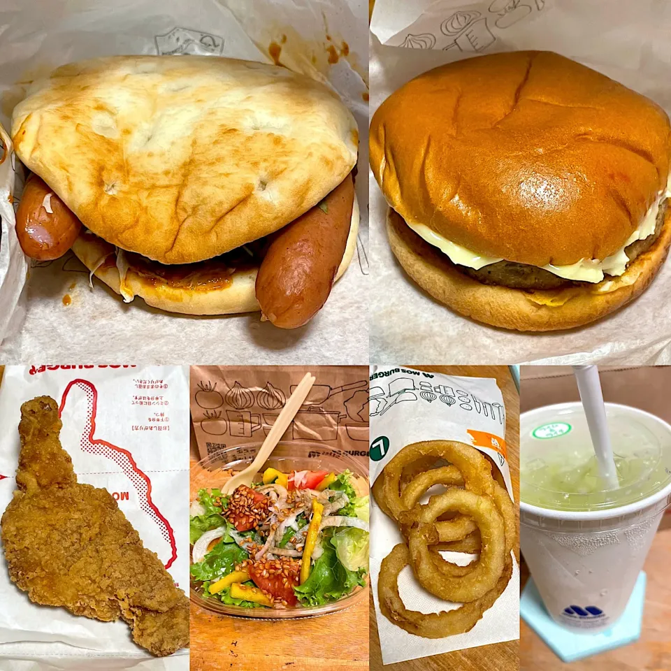 月見フォッカチャ🥯🎑　ソイチーズバーガー🍔　オニオンフライ🧅　モスチキン🍗　ライム＆ライチソーダ🥤こだわりサラダ🥗|るみおんさん