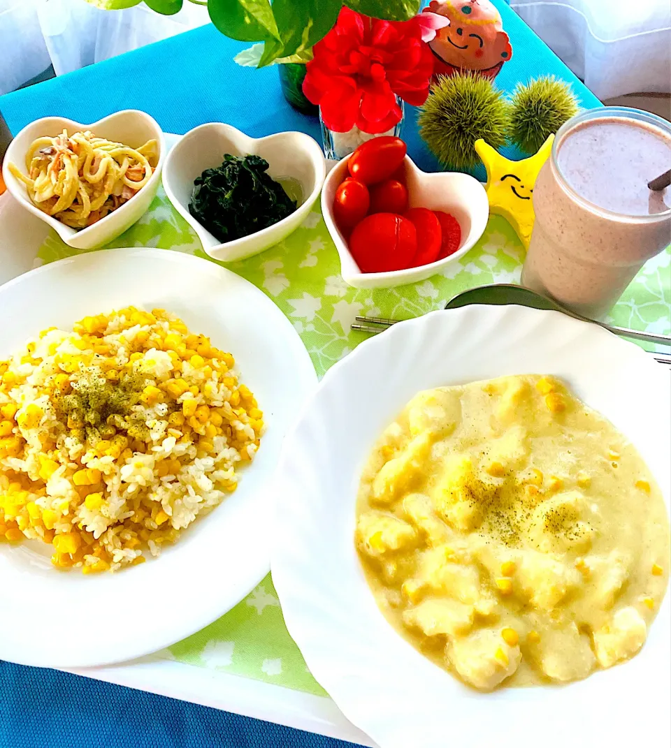 コーン🌽チャーハン&ピュアホワイトコーンスープ🌽の朝ごはん🌽🌽🌽😍|HAMI69さん