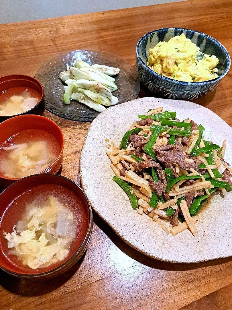 チンジャオロースー　かぼちゃマヨサラダ　蒸しなす　かき玉中華スープ|m aさん