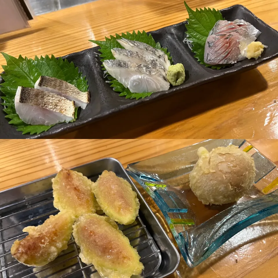 Snapdishの料理写真:お刺身三点盛りとイチジクと味玉の天ぷら|KOMAさん