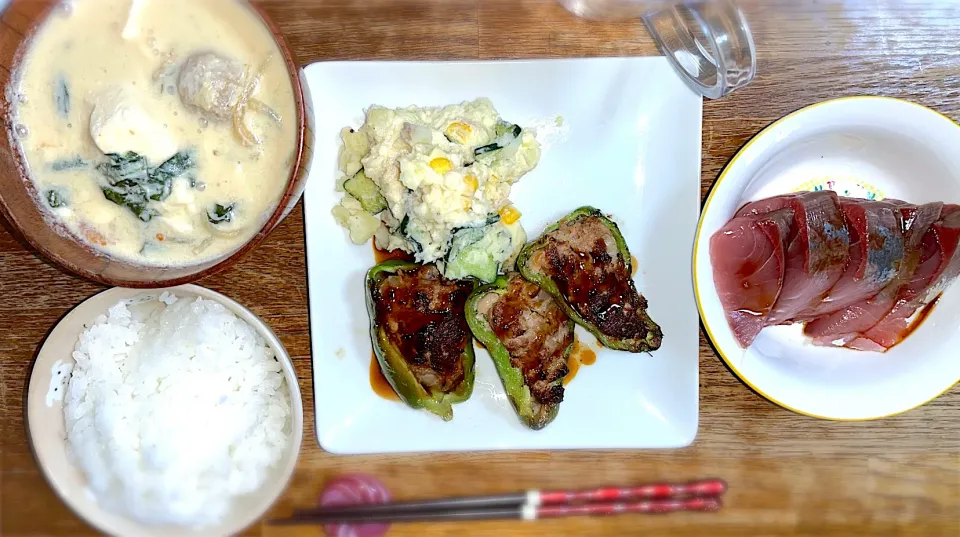 坦々スープ・ピーマン肉詰め・ポテトサラダ・はまちのお刺身・ご飯|ちびろ菌さん