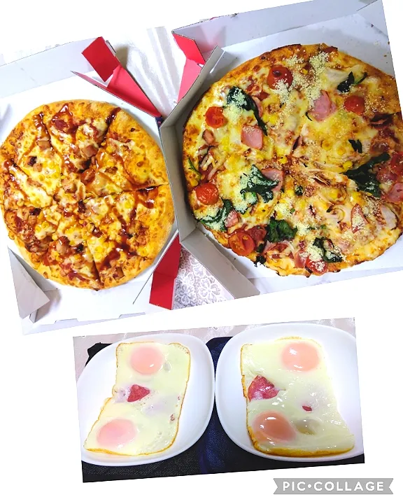 夜ご飯😊ドミノピザ🍕、
ハムエッグは手作り😁✨|m.rafuさん