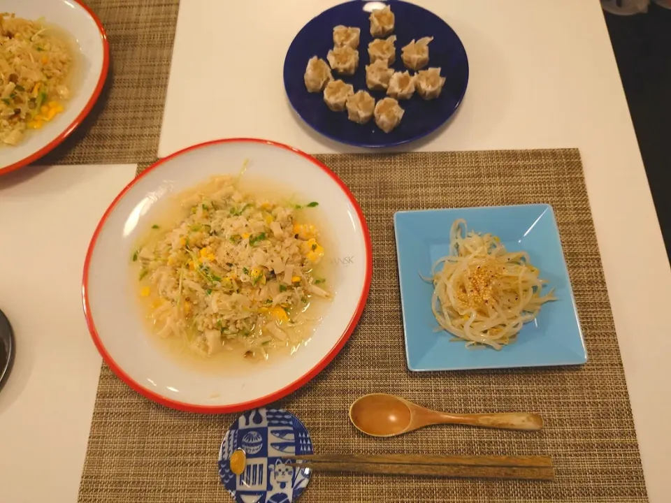 今日の昼食　ホタテ缶のあんかけ炒飯、もやしナムル、焼売|pinknari🐰🌈さん