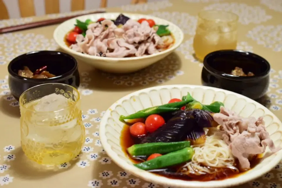 夏野菜の揚げ浸しそうめん|うにんぱすさん