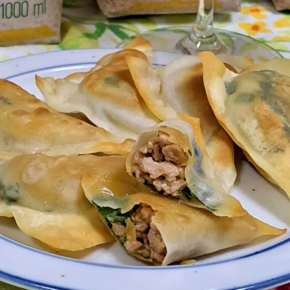 大豆ミートとかぶの葉の揚げ焼き
チーズを入れてワンタンの皮で包みました。|デジタルパーマさん