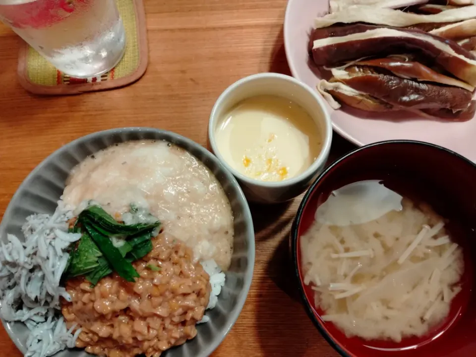 ねばねば丼と蒸し茄子と茶碗蒸し|pigmegさん