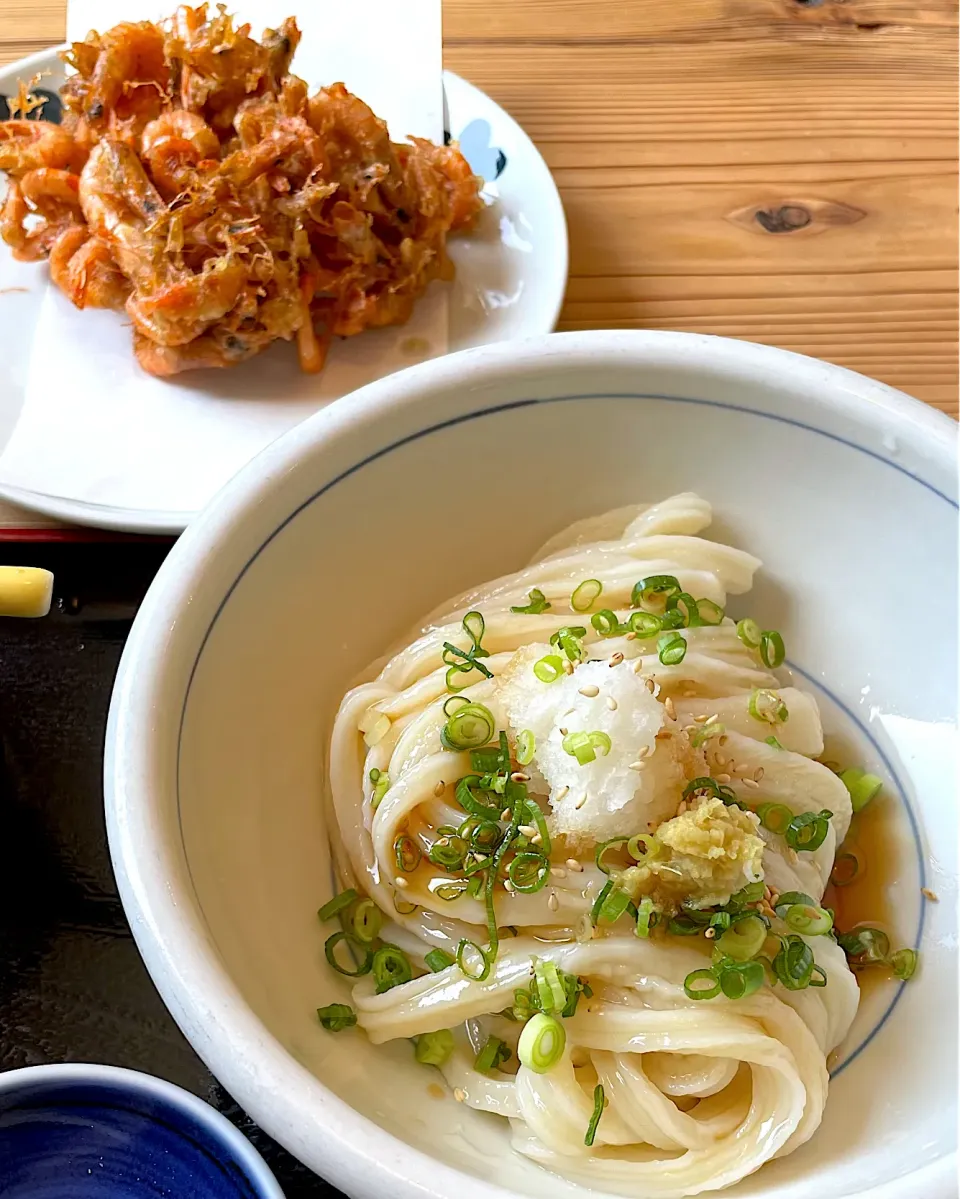 生醤油うどんと小エビのかき揚げ|かおるさん