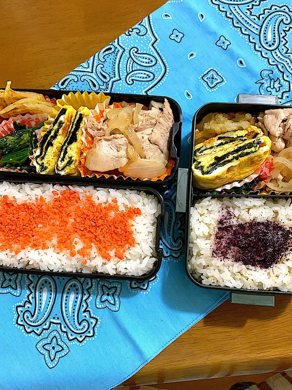 スピード弁当(豚肉の塩だれ・海苔だし巻き卵・じゃがいものガレット・ほうれん草の胡麻和え)|はなはなさん