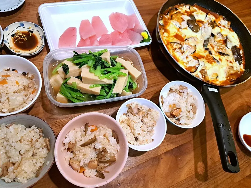 鶏ごほう混ぜご飯　揚げ茄子のミートソースチーズ　小松菜と高野豆腐の含め煮　びんちょうまぐろ|m aさん