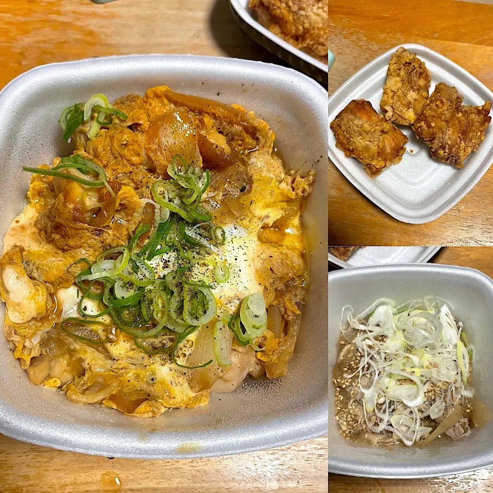 Snapdishの料理写真:親子丼🥚　唐揚げ3個　ねぎ塩豚|るみおんさん