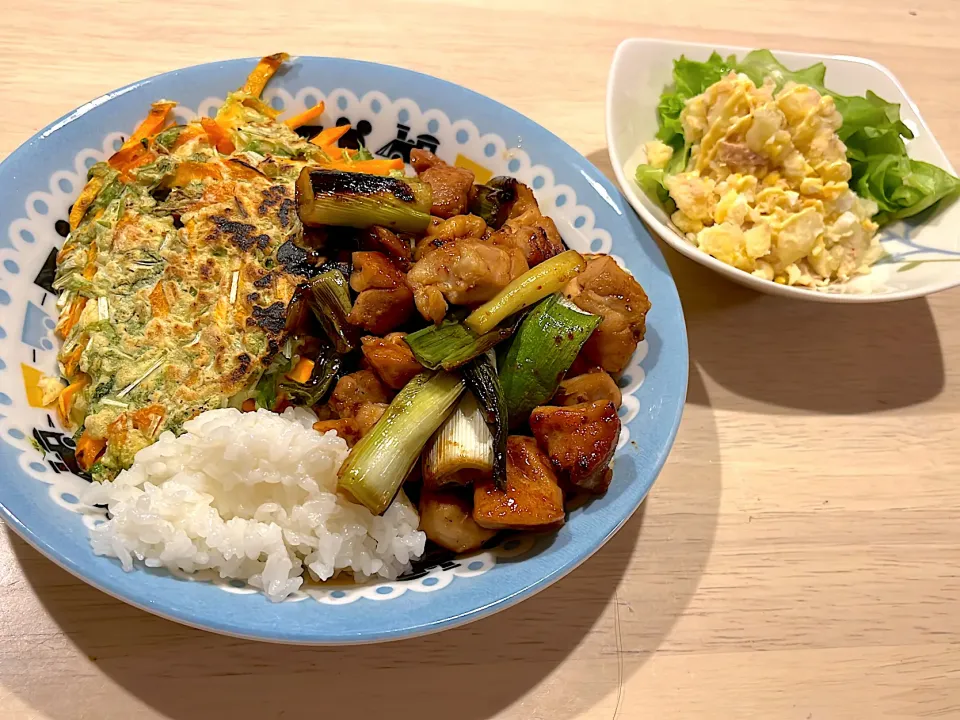 水菜のチヂミ、ねぎま串なし、ポテトサラダ|やまあやさん