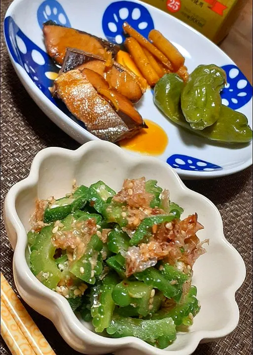 からあげビールさんの料理 

ゴーヤとオクラのネバネバ胡麻おかか和え
鰤の照り焼き🐟|びせんさん