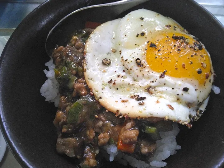 Snapdishの料理写真:目玉焼き乗せ麻婆茄子丼|darkbaronさん