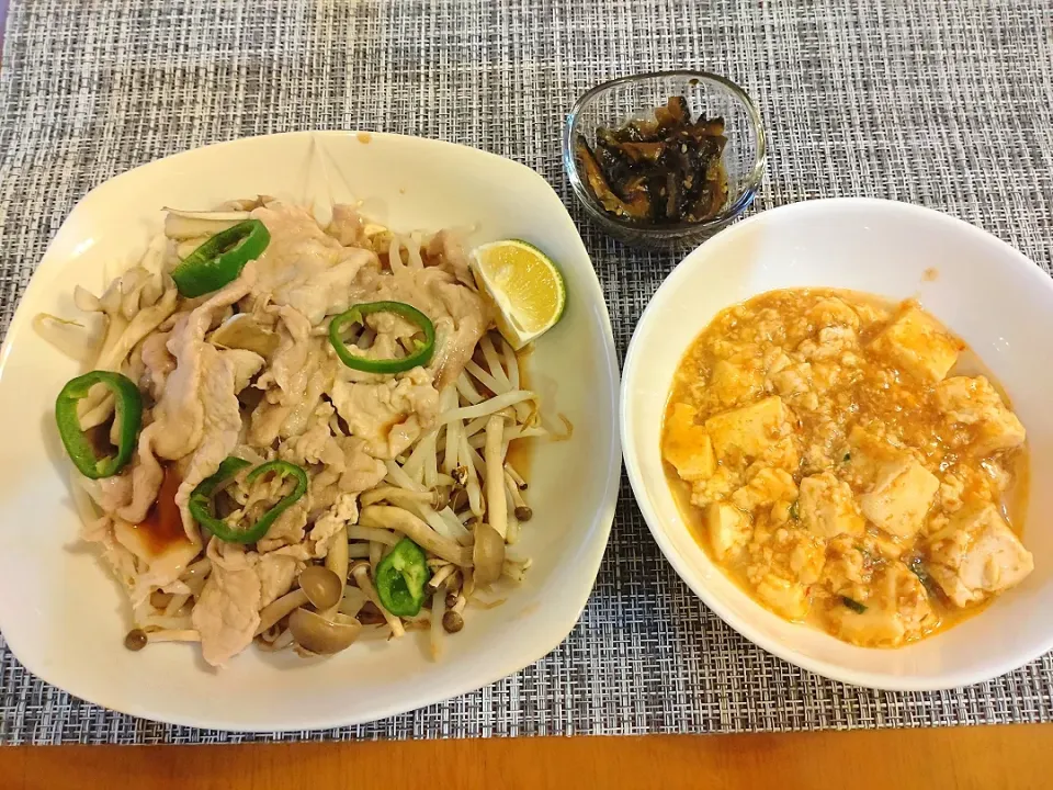 ☆豚肉　きのこ　もやしの蒸しポン酢
☆えび味噌麻婆豆腐
☆ゴーヤ佃煮|chikakoさん