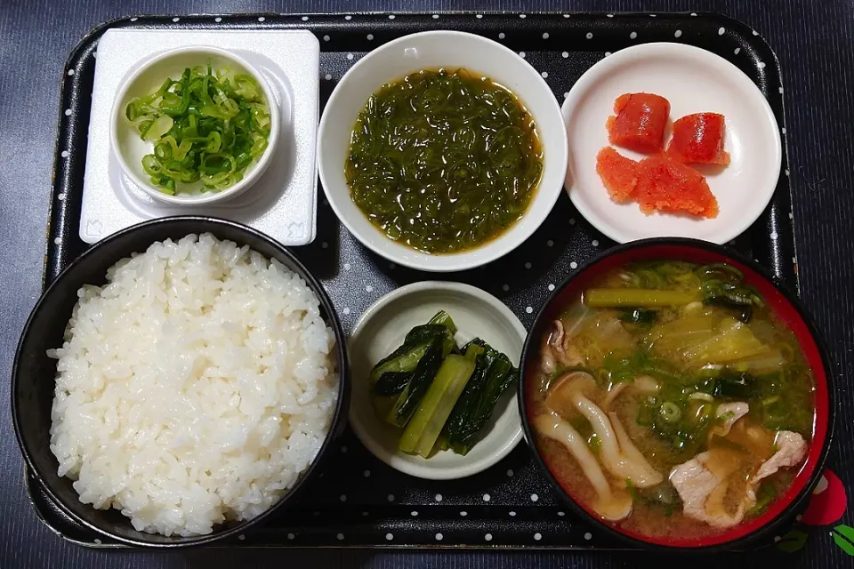 今日の朝ごはん（ごはんは新潟県魚沼産こしひかりに辛子明太子、めかぶポン酢、ひきわり納豆、豚汁、野沢菜漬）|Mars＠釜飯作り研究中さん