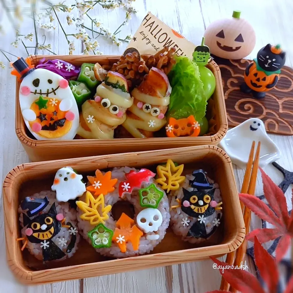 Snapdishの料理写真:🎃ハロウィンリースおにぎりと
黒猫おにぎりのハロウィン弁当👻🍭|ayano.adshさん