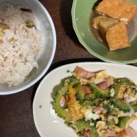 Snapdishの料理写真:栗ご飯、ゴーヤチャンプル、厚揚げの煮物|みやびさん