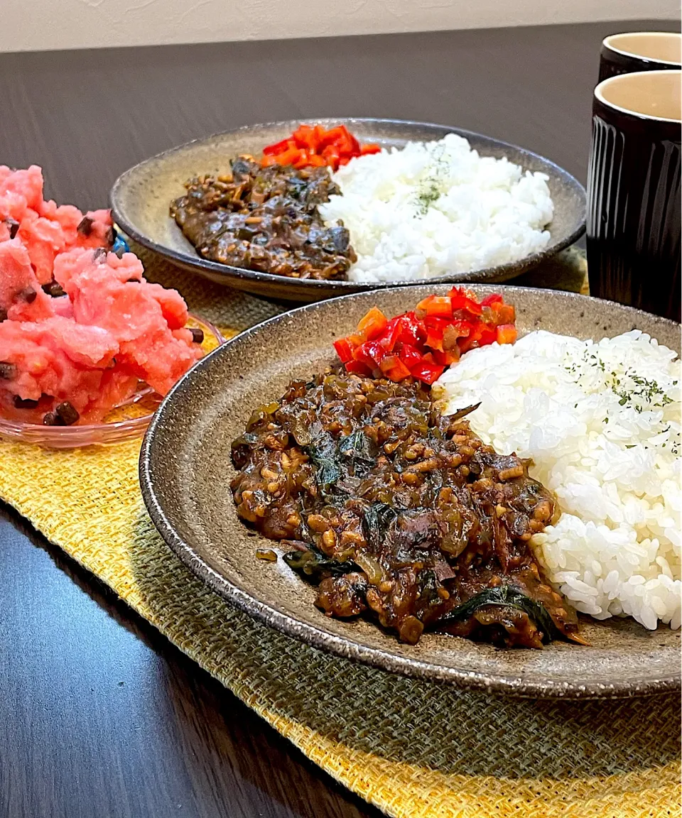 佃煮和風カレーとスイカシャーベット🍉|うららさん