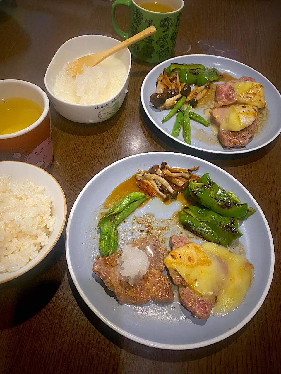 ポークソテー　チーズ焼き　ピーマン　インゲン　しめじソテー　お茶|ch＊K*∀o(^^*)♪さん